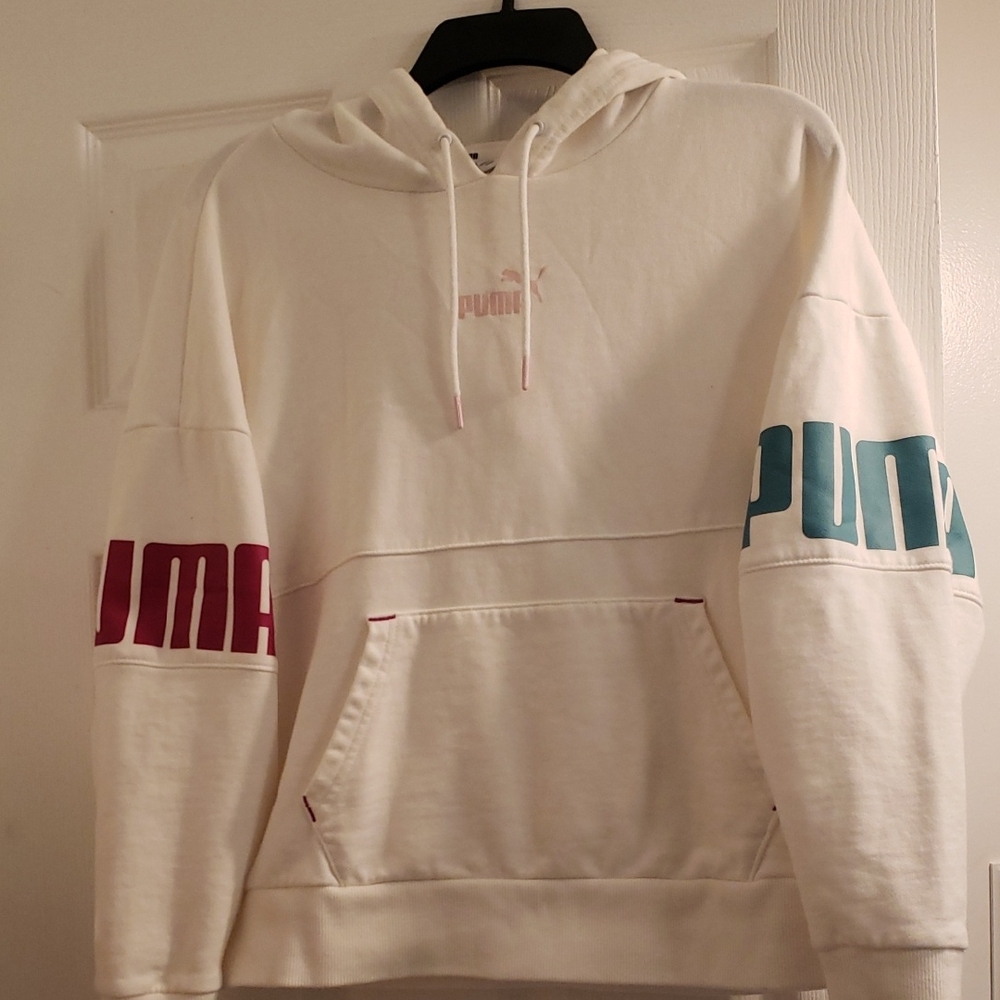 Puma White Hoodie with Fuschia and Green Accents